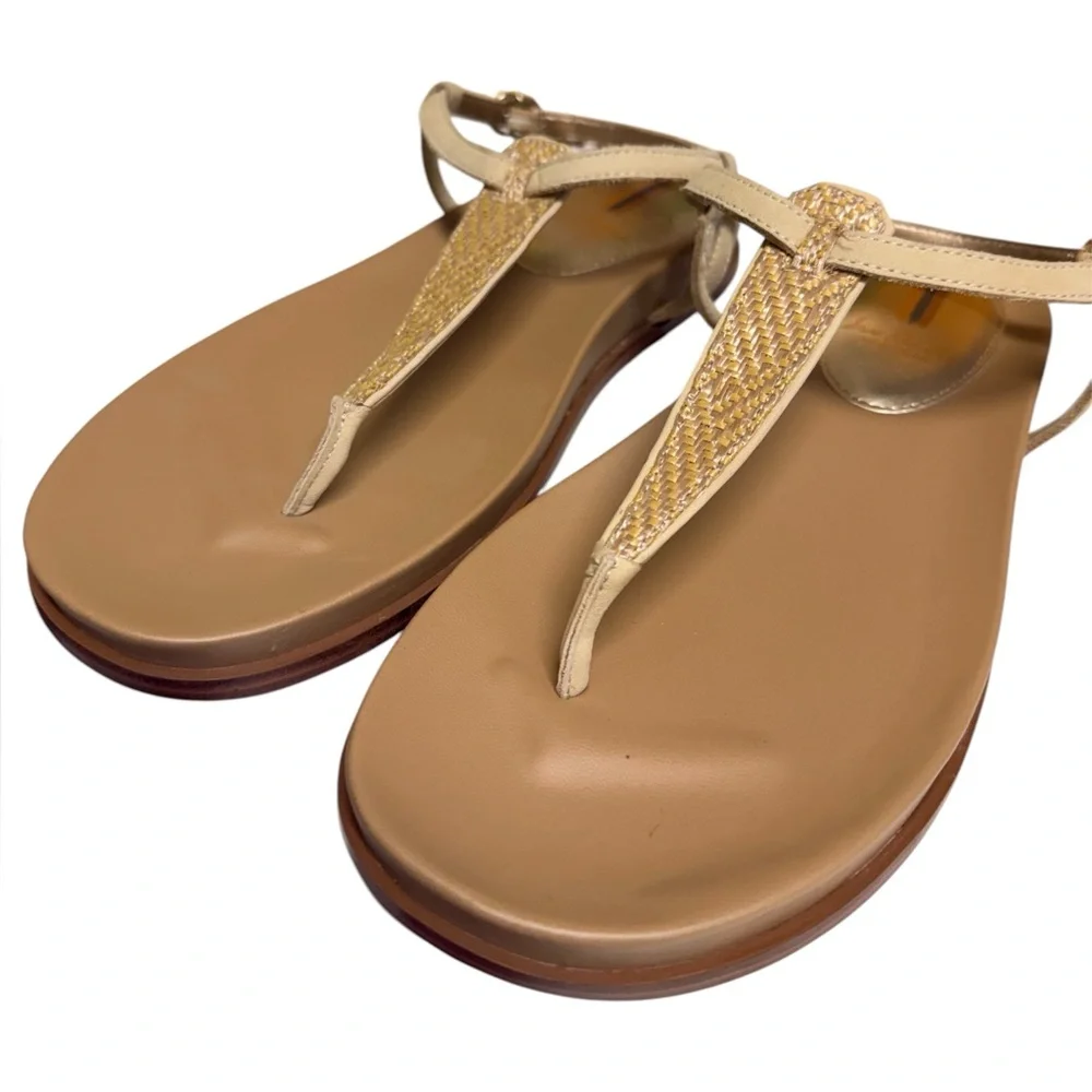 Sam Edelman Naomi Thing Beige Raffia T-Strap Sandals with Gold Accent NWOT